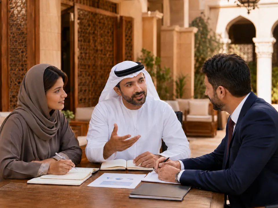 Professionnels échangeant en arabe dans un cadre de travail au style architectural du Golfe