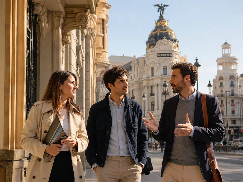 Professionnels échangeant en espagnol dans le centre de Madrid