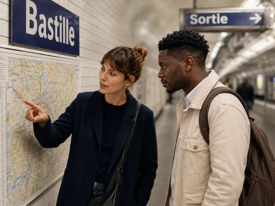 Accompagnement en français langue étrangère devant le plan du métro à Bastille