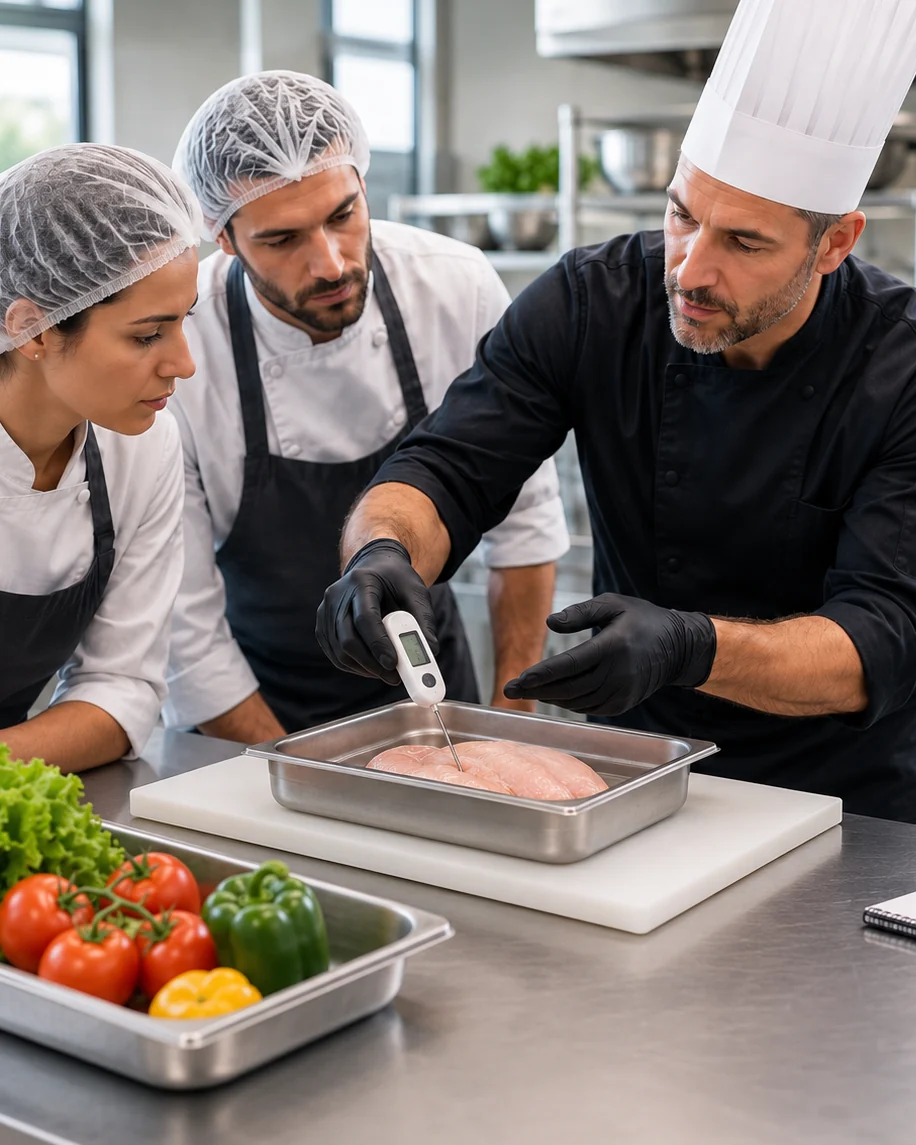 Formation hygiène alimentaire avec contrôle de température en cuisine professionnelle