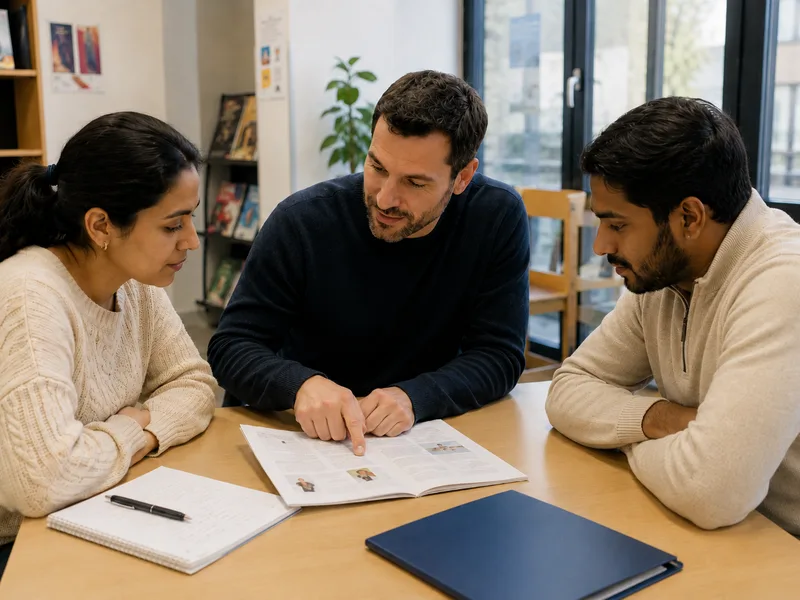 Formateur accompagnant deux adultes dans un espace de formation et de ressources
