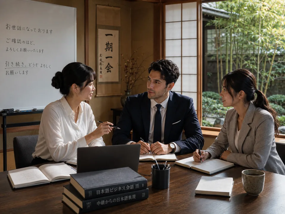 Séance de japonais professionnel dans une salle traditionnelle ouverte sur un jardin de bambous