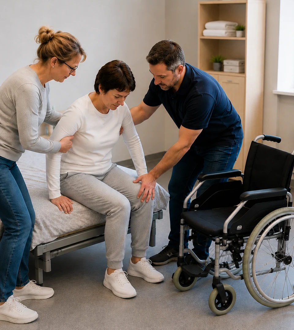 Équipe révisant l'accompagnement sécurisé d'une personne entre un lit et un fauteuil roulant pendant un MAC PRAP 2S
