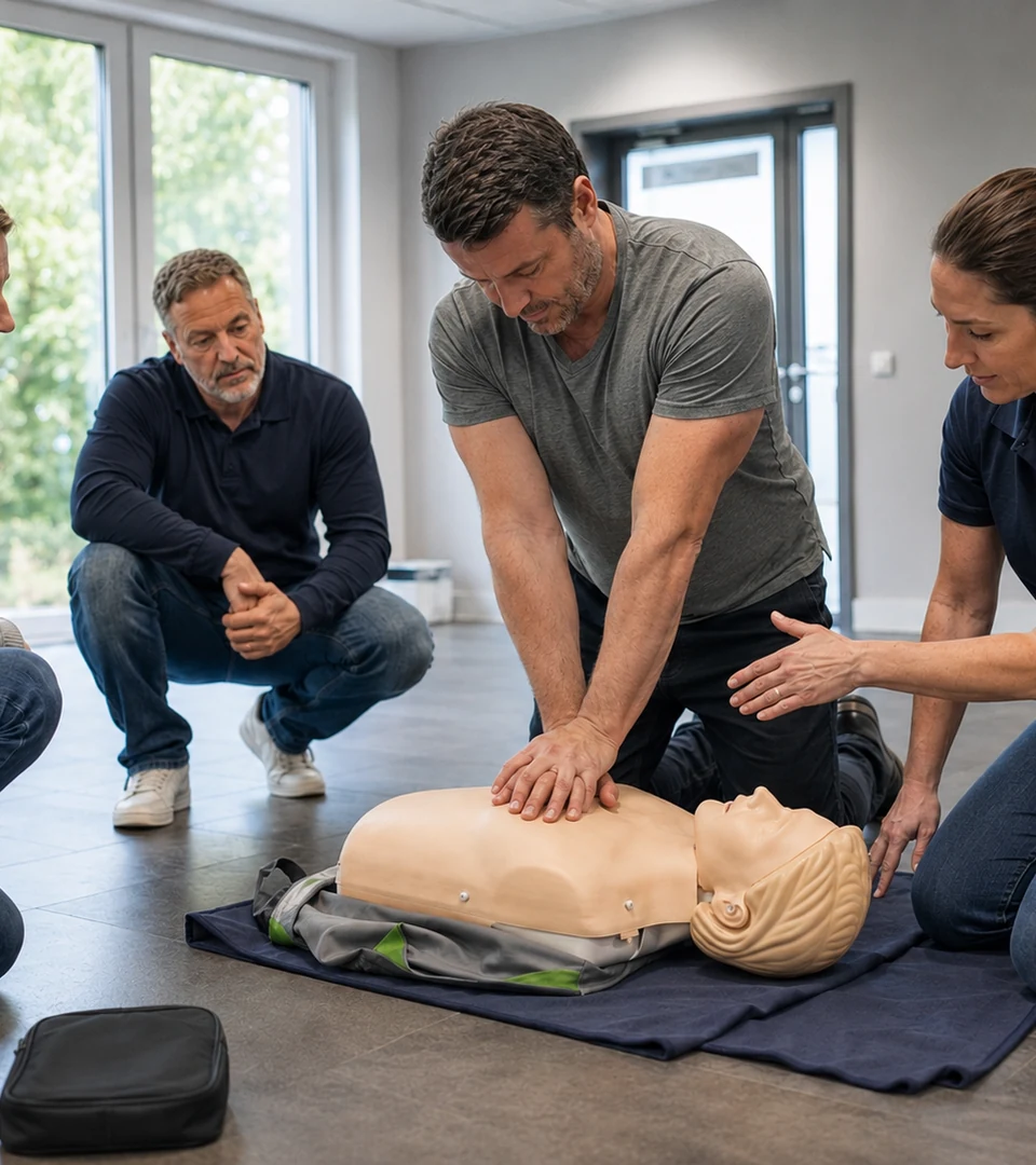 Groupe d'adultes révisant les gestes de réanimation sur un mannequin pendant un MAC SST