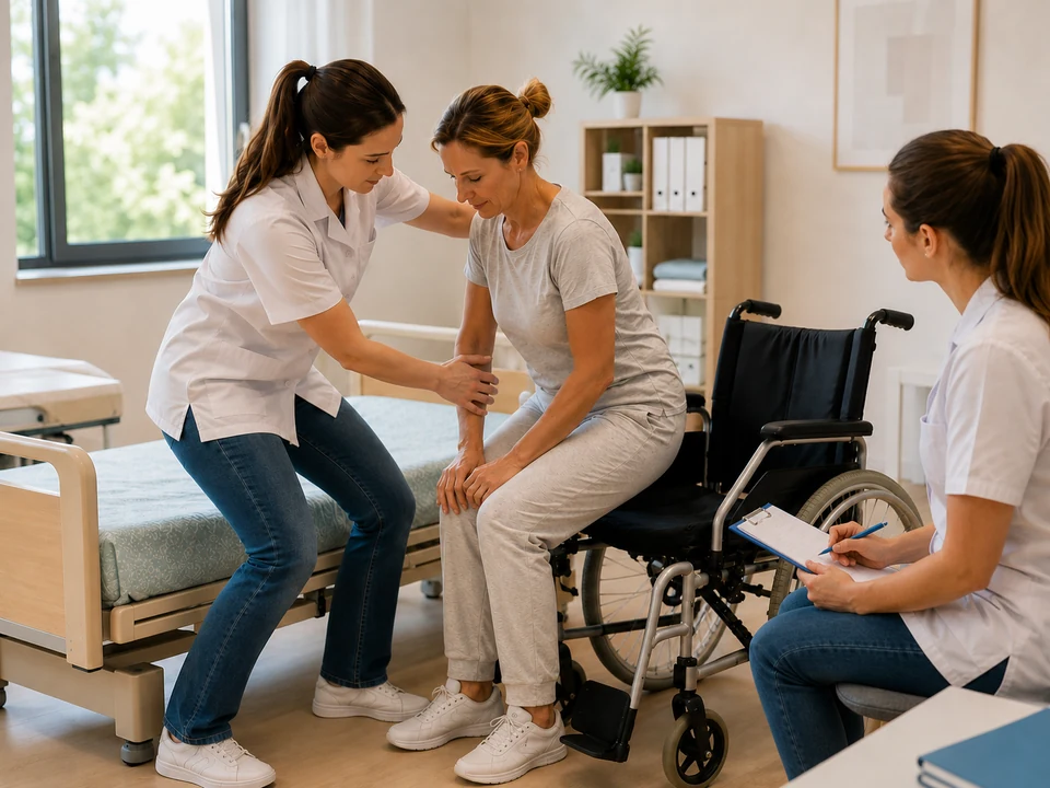 Professionnelle accompagnant la mobilité d'une personne aidée en fauteuil roulant pendant une formation pratique