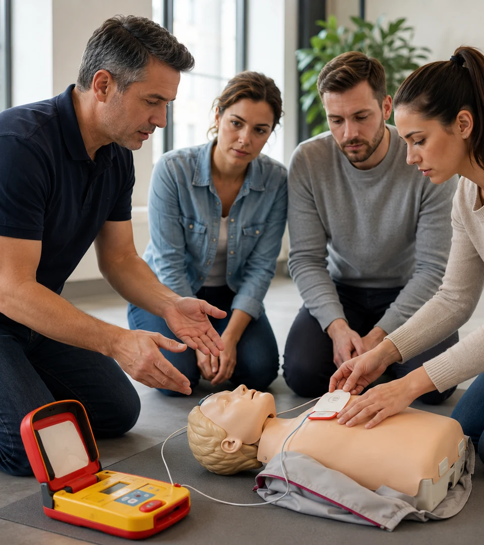 Formation SST avec mannequin de secourisme, défibrillateur et participantes en mise en pratique