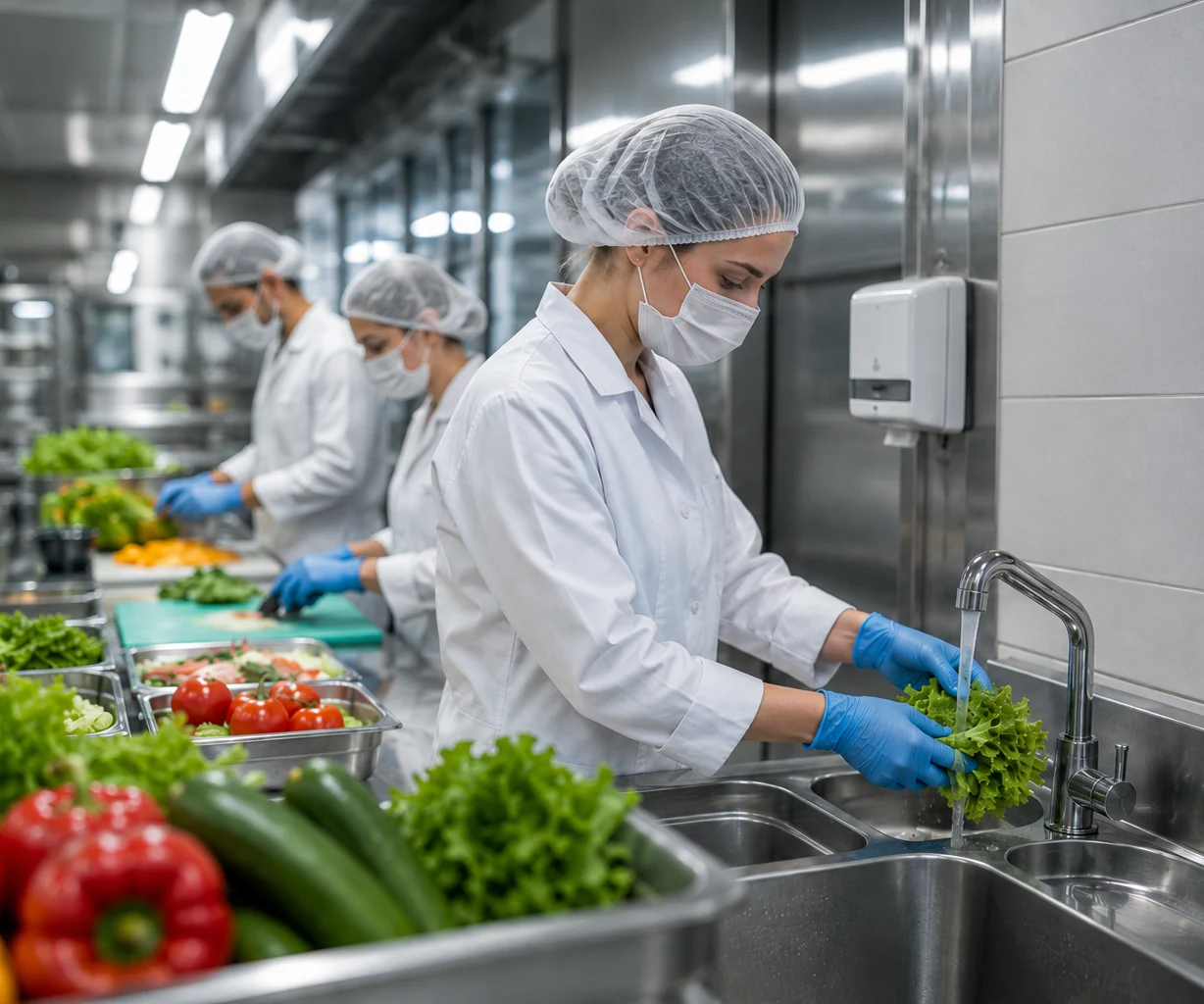Préparation et lavage de légumes dans une cuisine professionnelle