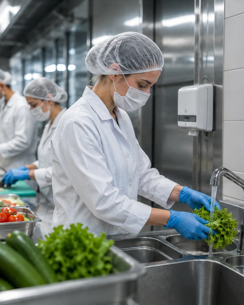 Préparation et lavage de légumes dans une cuisine professionnelle