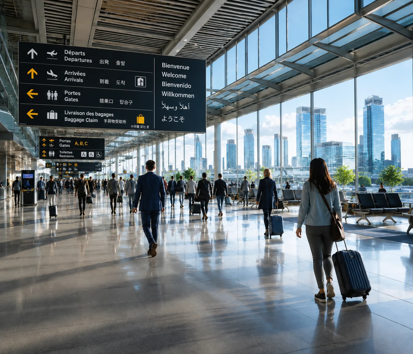 Signalétique d’un aéroport présentant des messages d’accueil en plusieurs langues