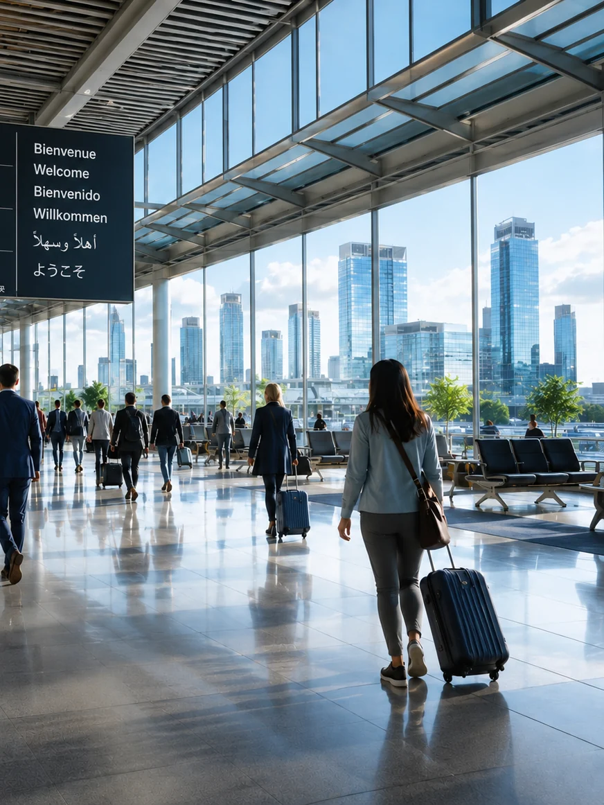 Signalétique d’un aéroport présentant des messages d’accueil en plusieurs langues